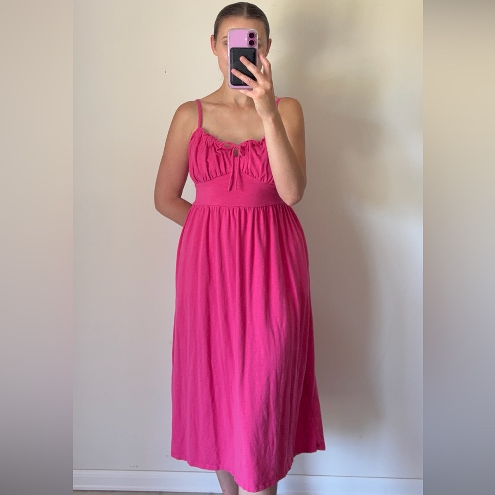 Fit Flare Tie Front Cami Midi Dress Women’s Size medium Pink Cotton Pockets
